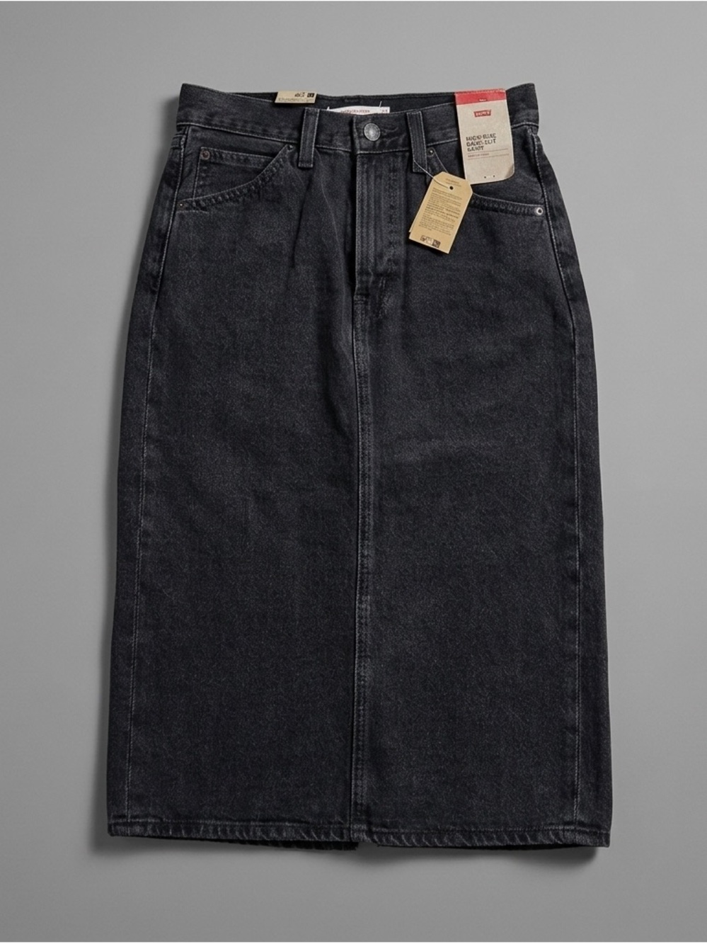 NWT Levi's Faded Black High-Rise Back Slit Denim Midi Skirt - Size 27
